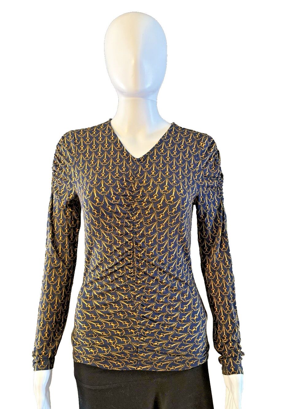 Veronica Beard Neeta Horse Stirrup Print Ruched Top Equestrian Designer SZ XS